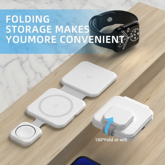 3-in-1 foldable wireless charger with phone, watch, and earbuds on a wooden surface. Global swanky 5
