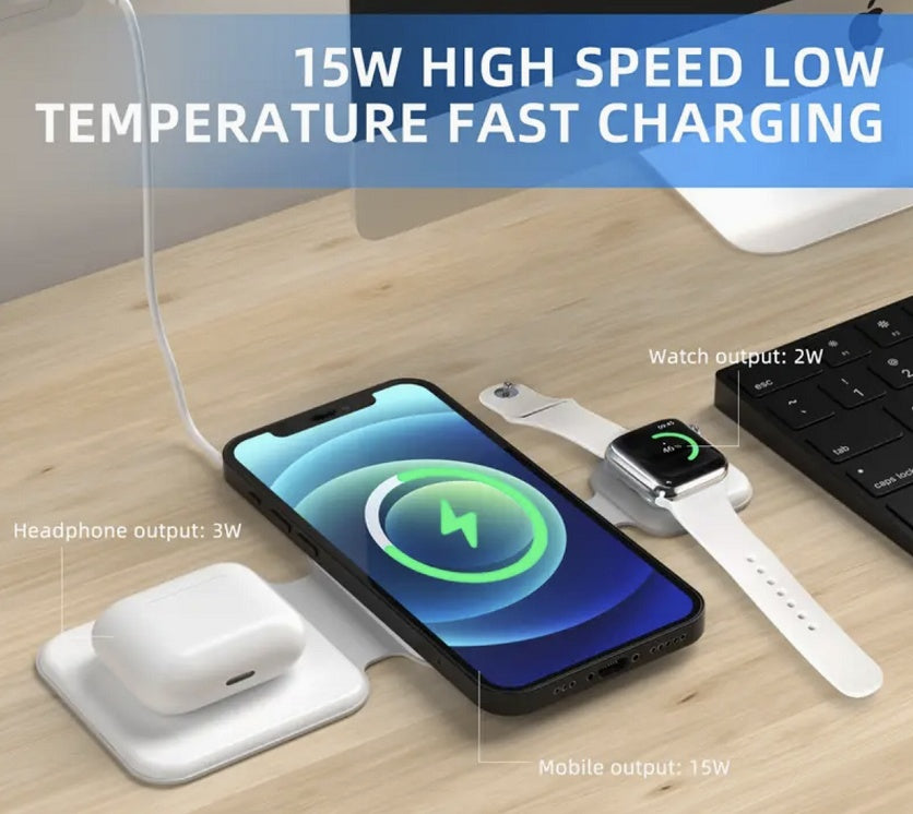 3-in-1 foldable wireless charger with phone, watch, and earbuds on a wooden surface. Global swanky 6