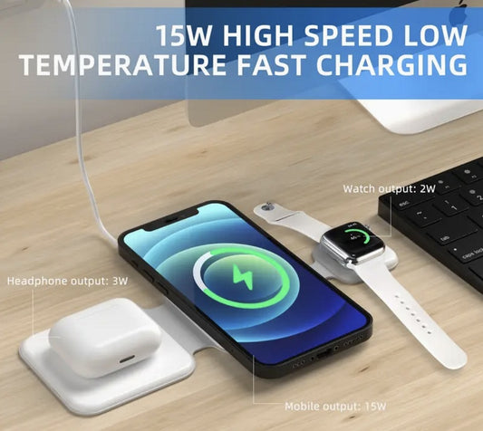 3-in-1 foldable wireless charger with phone, watch, and earbuds on a wooden surface. Global swanky 6