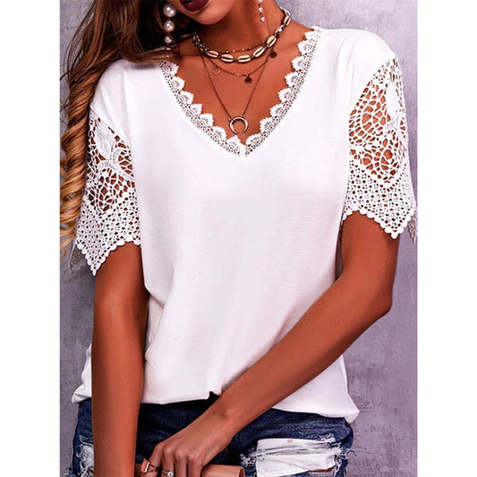 Womens Lace Trim V-Neck Short Sleeve T-Shirt