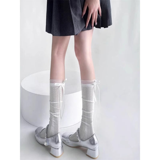 Buy Ballet-Style Hollowed-Out Mid-Calf Socks With Bow-Tie Ribbon