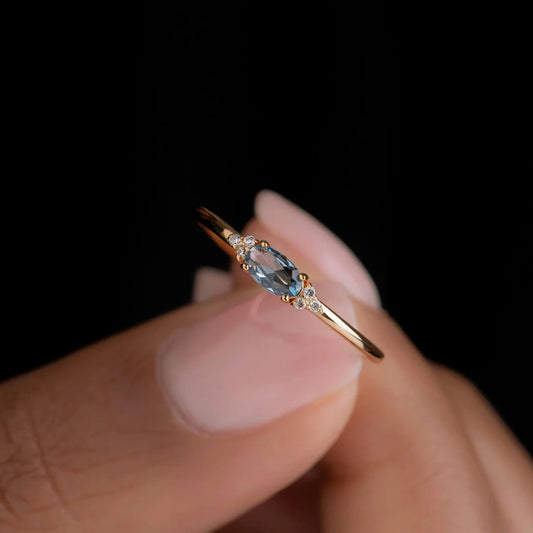 925 Sterling Silver Blue Stone Marquise Horse Eye Engagement Ring