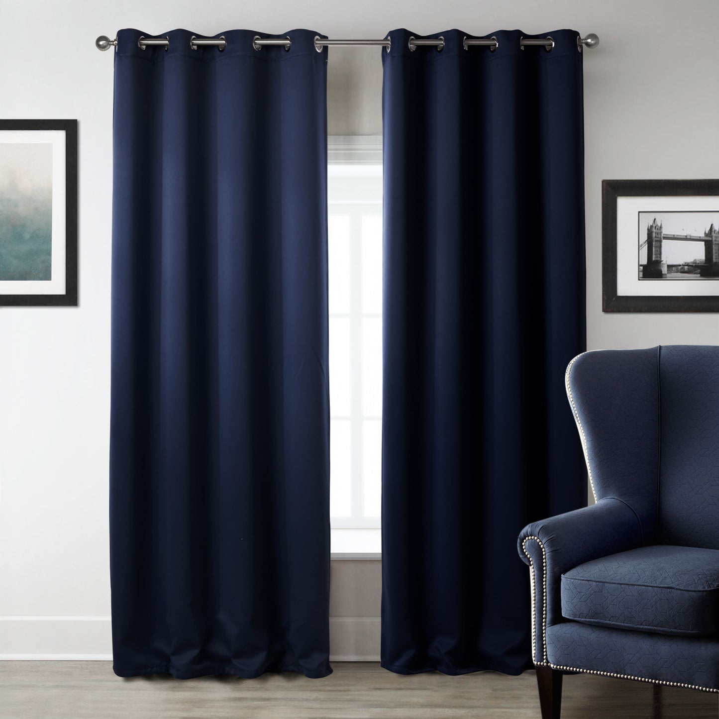 Buy Dark Blue Bedroom Blackout Fabric Printed Curtains for Style Room