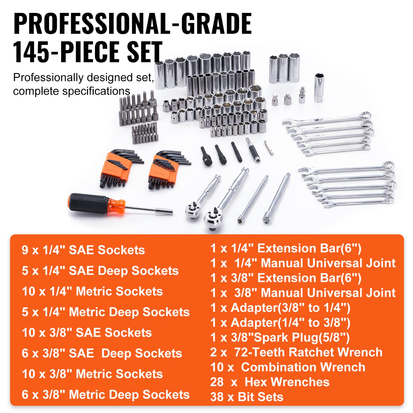 VEVOR 145-Piece Mechanics Tool and Socket Set for DIY Repairs