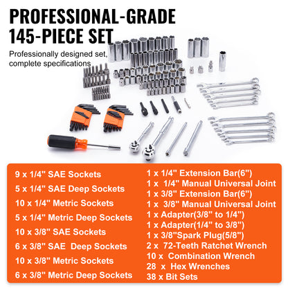 VEVOR 145-Piece Mechanics Tool and Socket Set for DIY Repairs