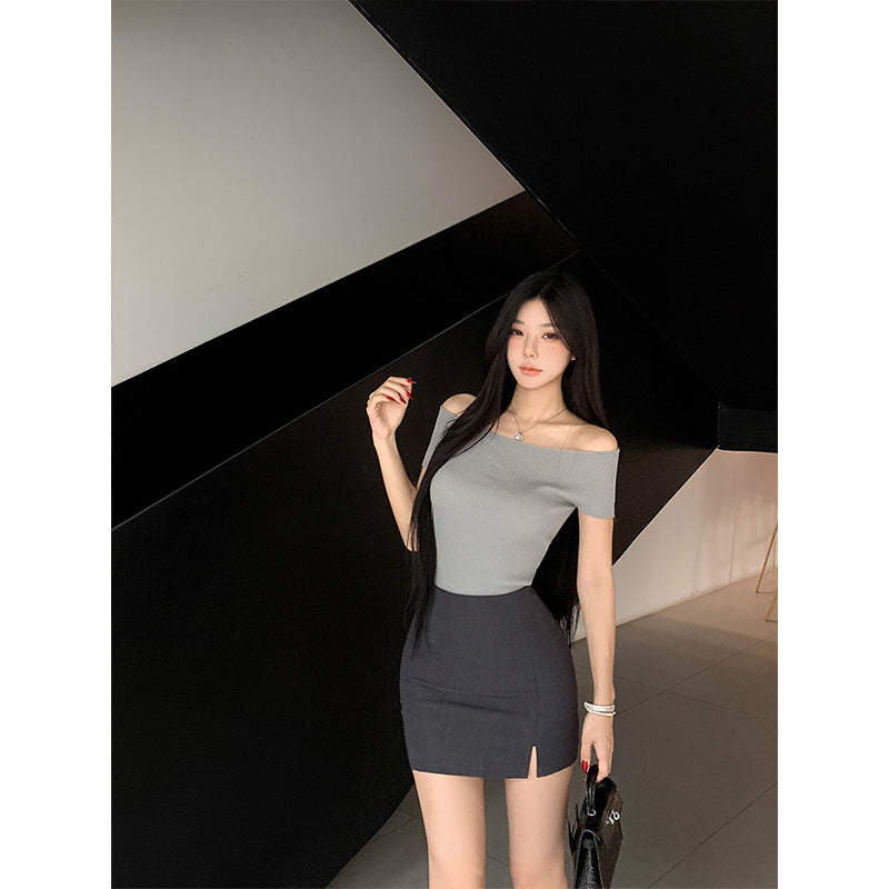 Buy High-Waisted Front-Slit Form-Fitting Stretchy Pencil Skirt