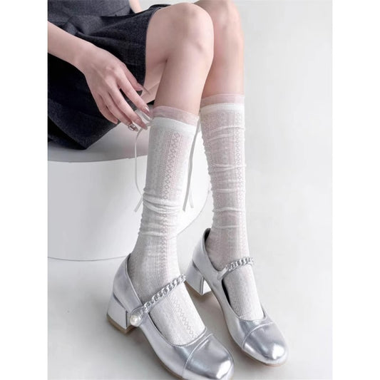 Buy Ballet-Style Hollowed-Out Mid-Calf Socks With Bow-Tie Ribbon