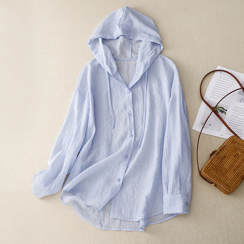 3-Color Hooded Sun Protection Clothing Long-Sleeved Air-Conditioning Shirt Jacket for Women Thin Loose Style 2026 Summer New Casual Top