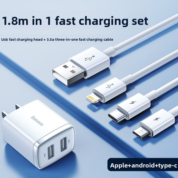 3-in-1 Charger with Data Cable and Triple-Output Charging Head