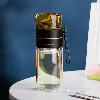 Glass Water Bottle with Tea Infuser Filter Double Wall Design