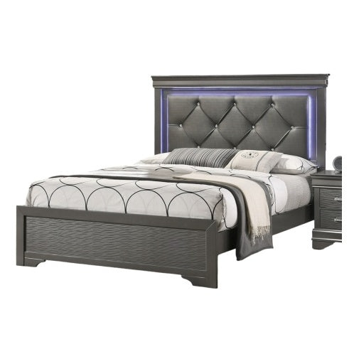 Dark Gray Faux Leather Tufted Queen Headboard Bed with LED