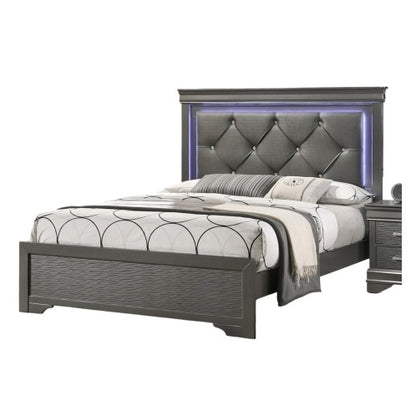 Dark Gray Faux Leather Tufted Queen Headboard Bed with LED