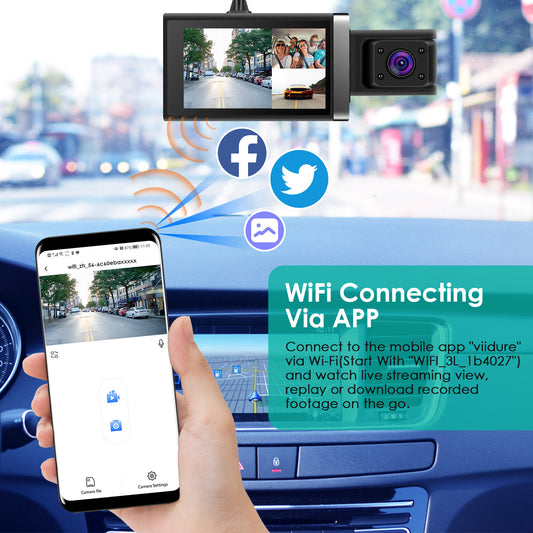 Car Dash Cam 2K 3 Channel DVR with GPS WiFi Parking Monitor.
