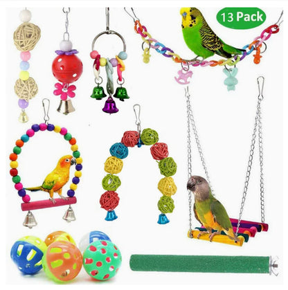 10-Piece Parrot Toy Set – Wooden Ladder, Swing & Chewing Toys