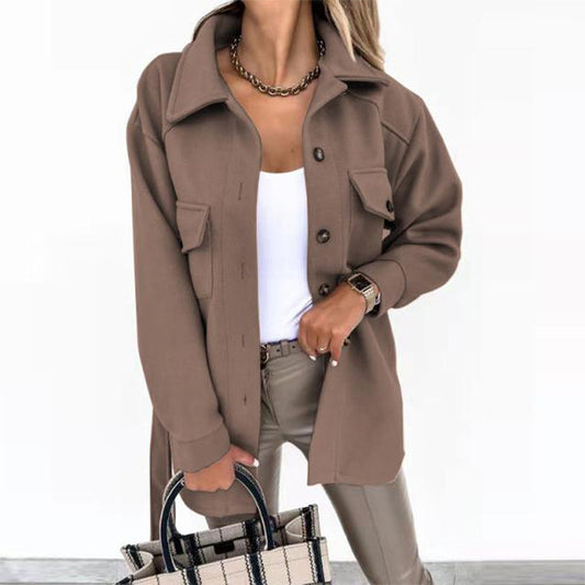 Buy Stylish Solid-Color Lapel Wool Coat With Button & Tie Details