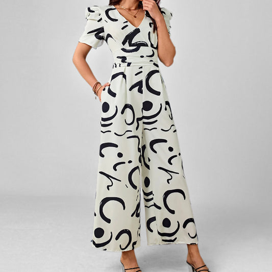 Buy Women’s Stylish Chic V-Neck Cinched-Waist Wide-Leg Jumpsuit
