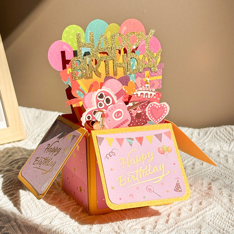 3D birthday greeting card handmade paper carving gold powder