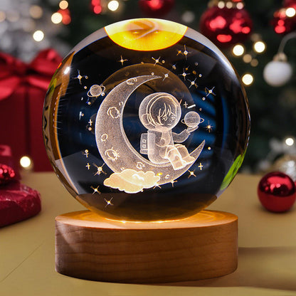 3D Engraved Crystal Ball Night Light Astronaut LED Luminous Desktop Ornament