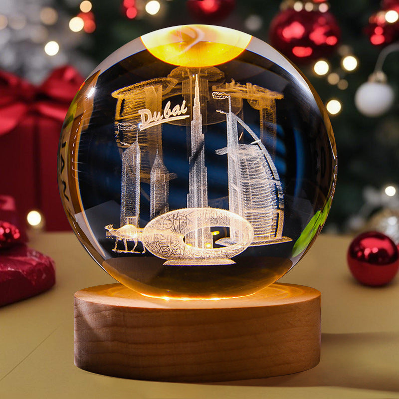 3D Engraved Crystal Ball Night Light Astronaut LED Luminous Desktop Ornament