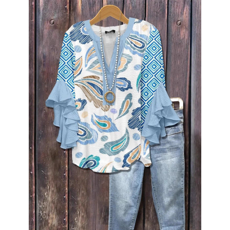 3D Floral Print V-Neck Ruffle Top