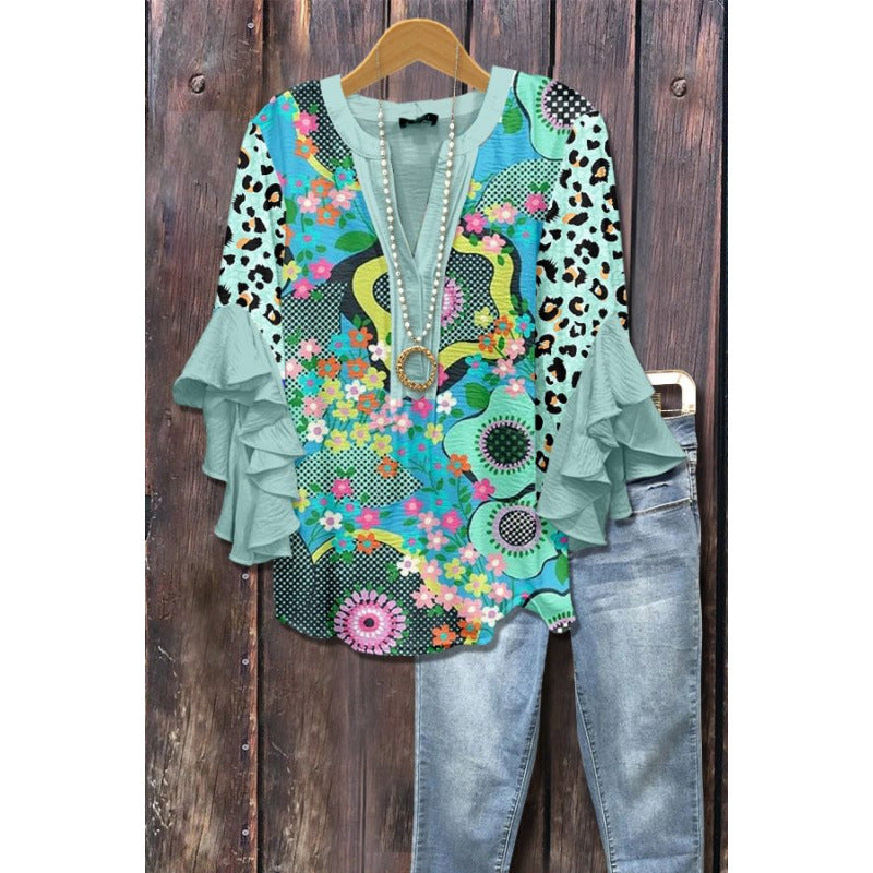3D Floral Print V-Neck Ruffle Top