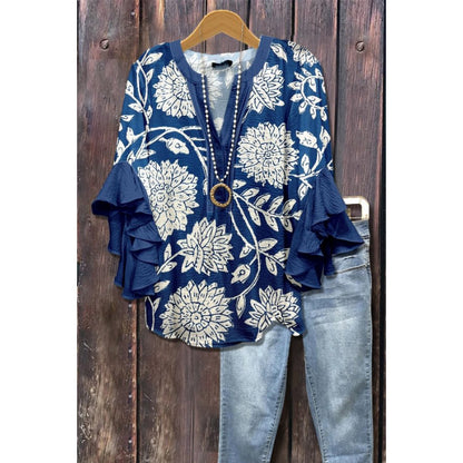 3D Floral Print V-Neck Ruffle Top