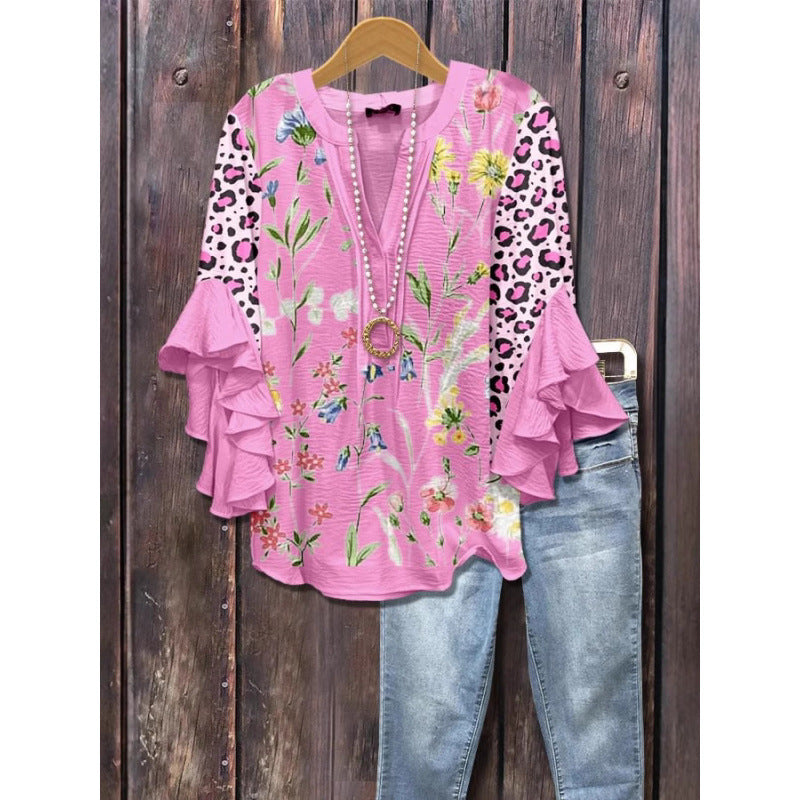 3D Floral Print V-Neck Ruffle Top