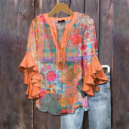3D Floral Print V-Neck Ruffle Top