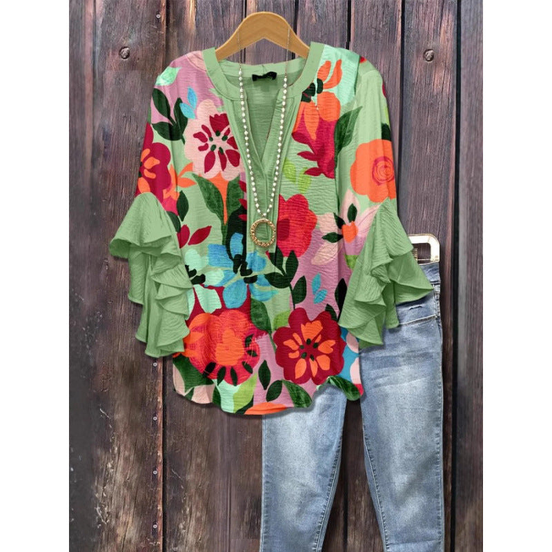 3D Floral Print V-Neck Ruffle Top