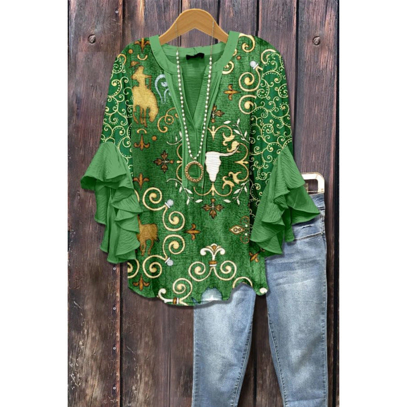 3D Floral Print V-Neck Ruffle Top