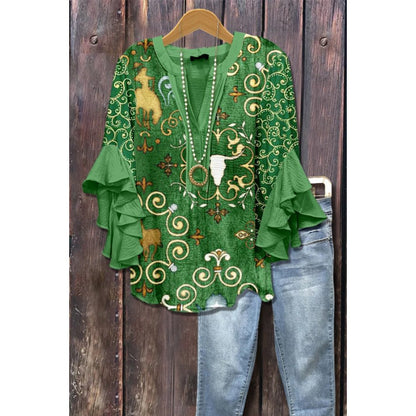 3D Floral Print V-Neck Ruffle Top