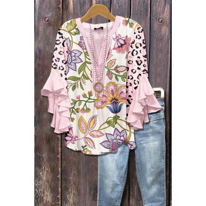 3D Floral Print V-Neck Ruffle Top