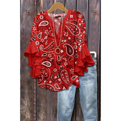 3D Floral Print V-Neck Ruffle Top