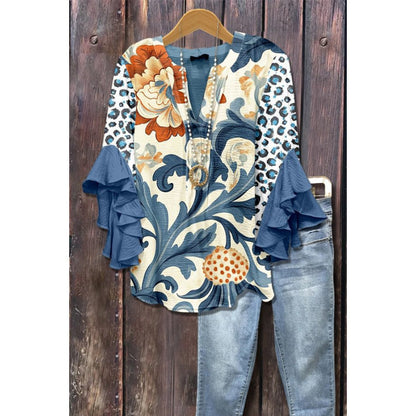 3D Floral Print V-Neck Ruffle Top