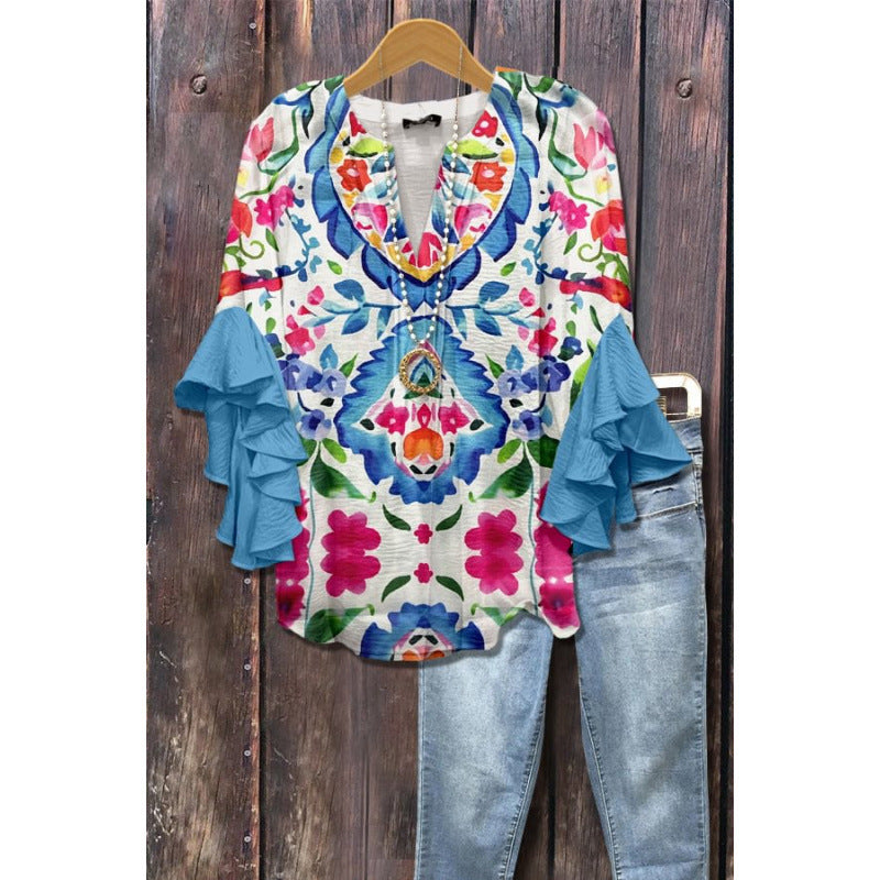 3D Floral Print V-Neck Ruffle Top