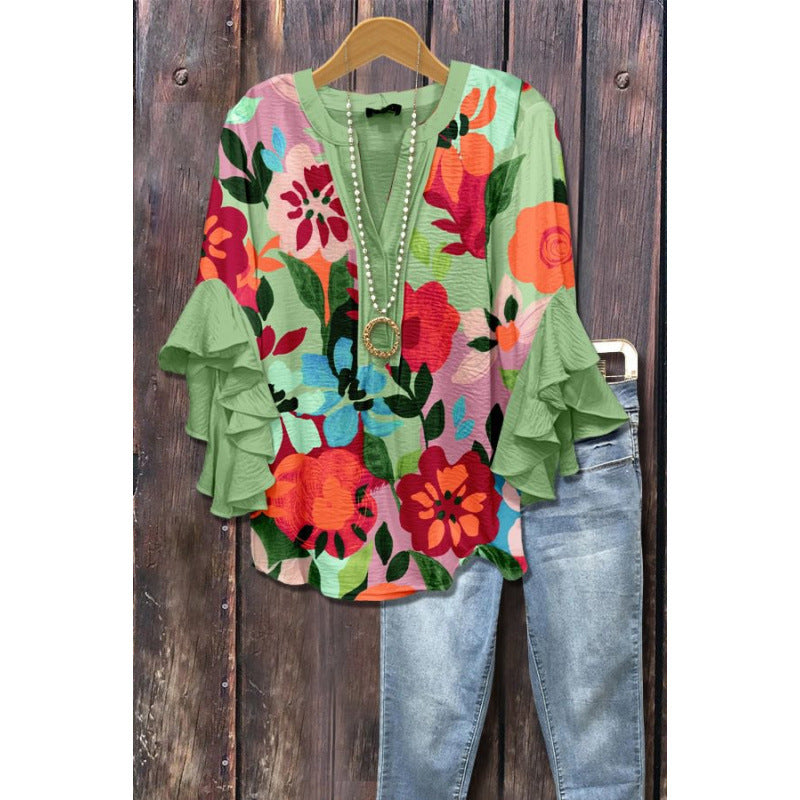3D Floral Print V-Neck Ruffle Top