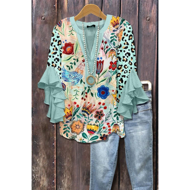 3D Floral Print V-Neck Ruffle Top