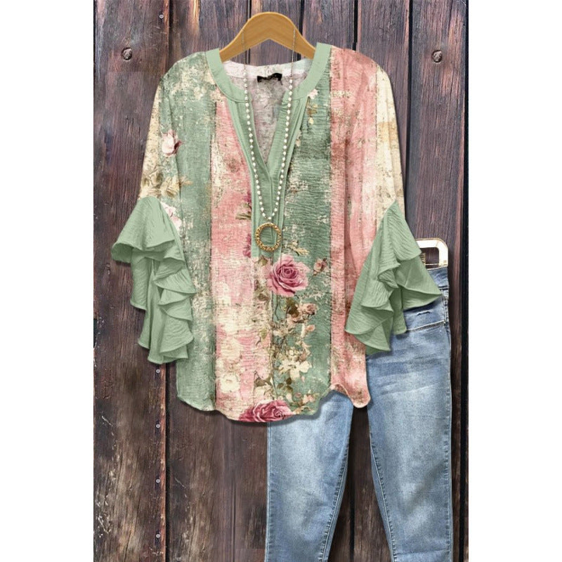 3D Floral Print V-Neck Ruffle Top