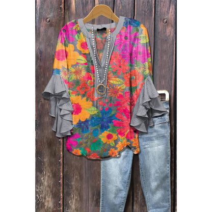 3D Floral Print V-Neck Ruffle Top