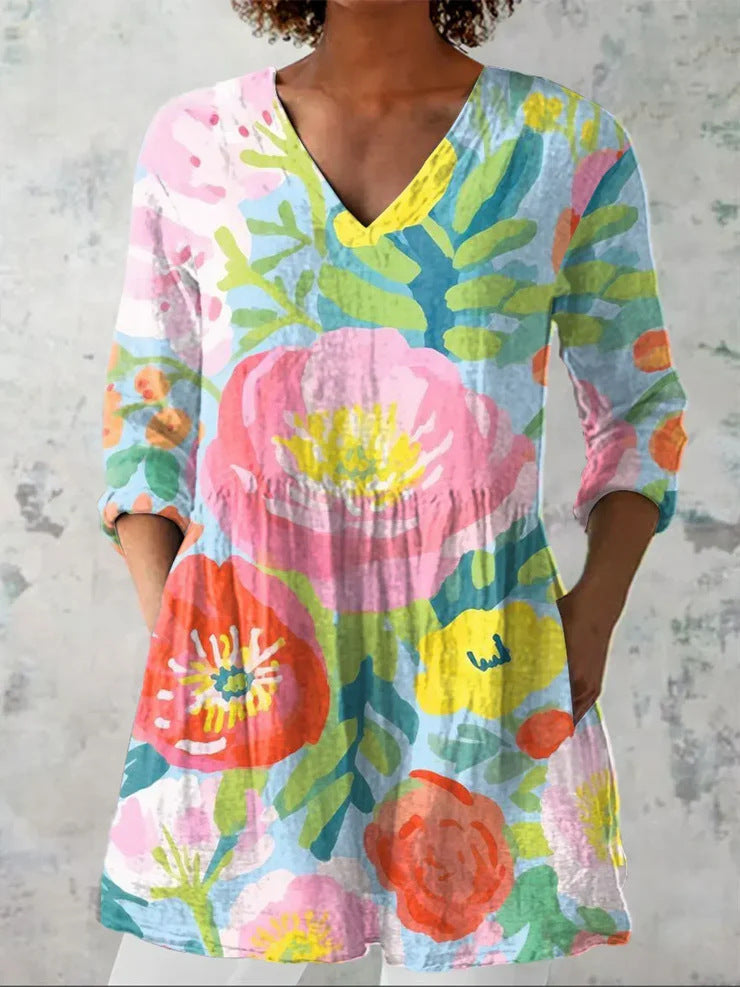 3D Printed Fashionable Floral Casual V-Neck Women's Top