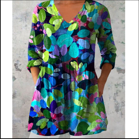 3D Printed Fashionable Floral Casual V-Neck Women's Top