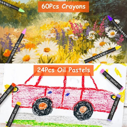 140PCS Art Supplies Kit Colored Pencils Pastels Wooden Box
