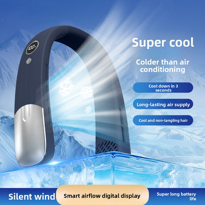 Digital Display Hanging Neck Fan with Rechargeable Design