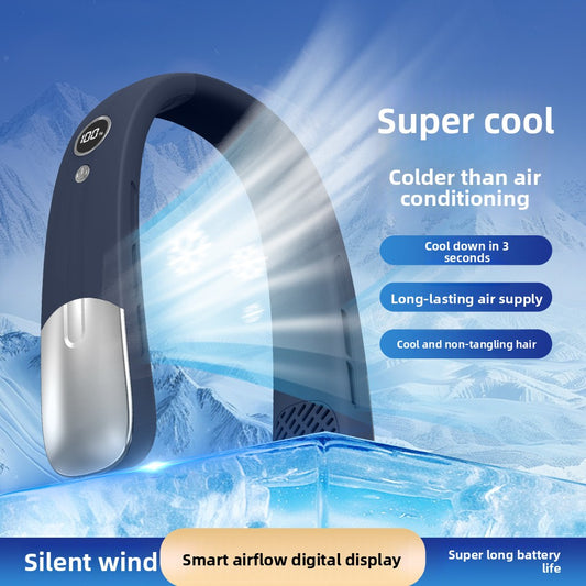 Digital Display Hanging Neck Fan with Rechargeable Design