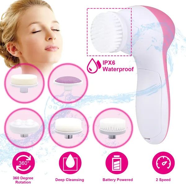 Waterproof Facial Cleansing Brush with 5 Heads for Women