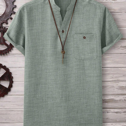 Men’s Casual Short-Sleeve Solid-Color Shirt Turn-Down Collar