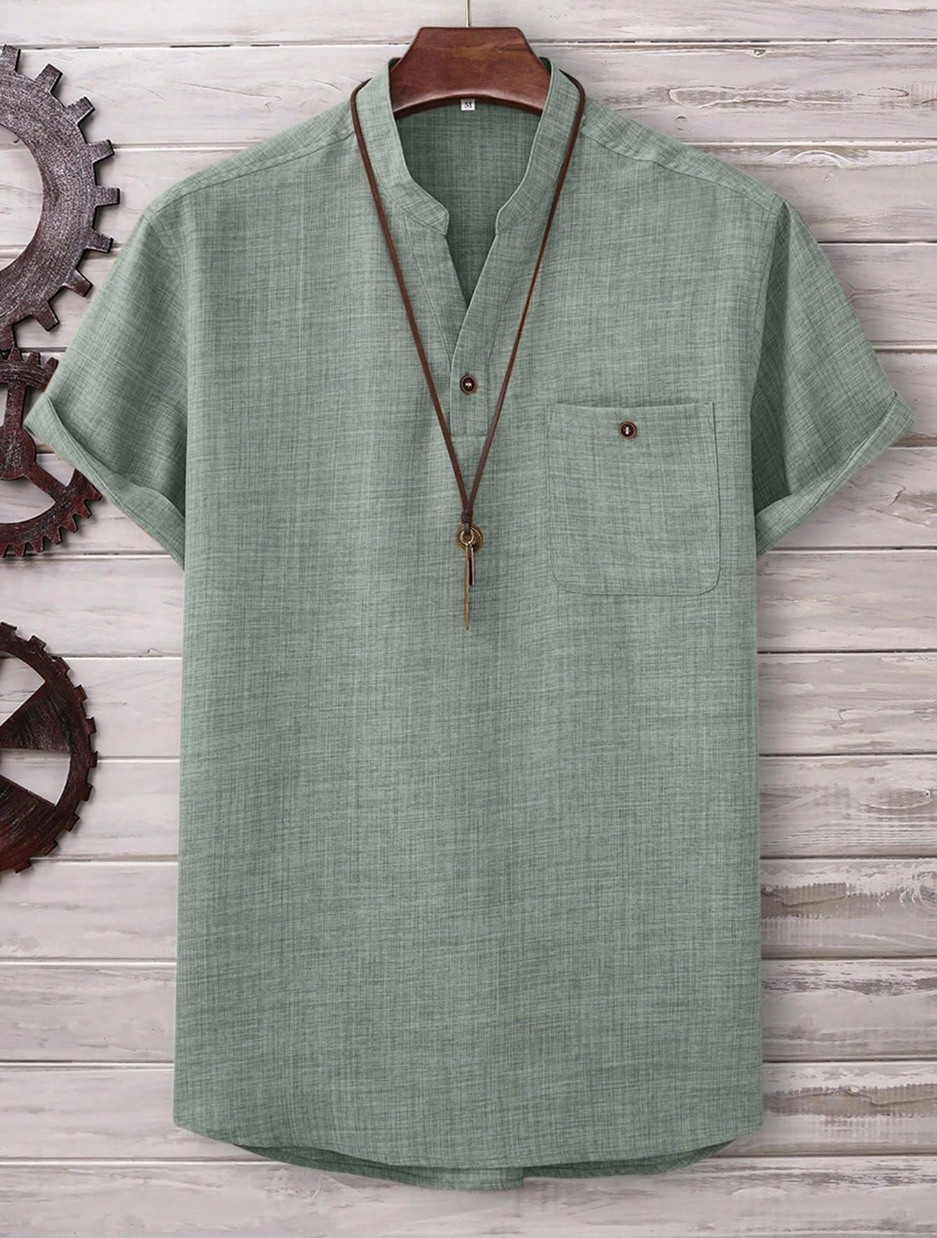 Men’s Casual Short-Sleeve Solid-Color Shirt Turn-Down Collar