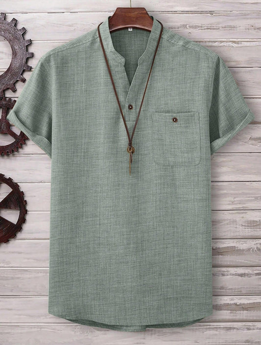 Men’s Casual Short-Sleeve Solid-Color Shirt Turn-Down Collar