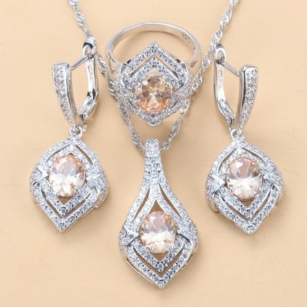 Gem-inlaid Pendant Earrings Necklace Ring Set – Perfect for Ladies