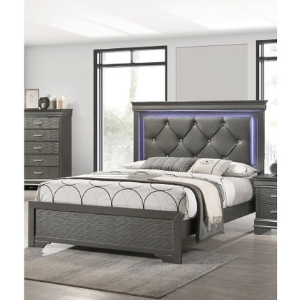 Dark Gray Faux Leather Tufted Queen Headboard Bed with LED